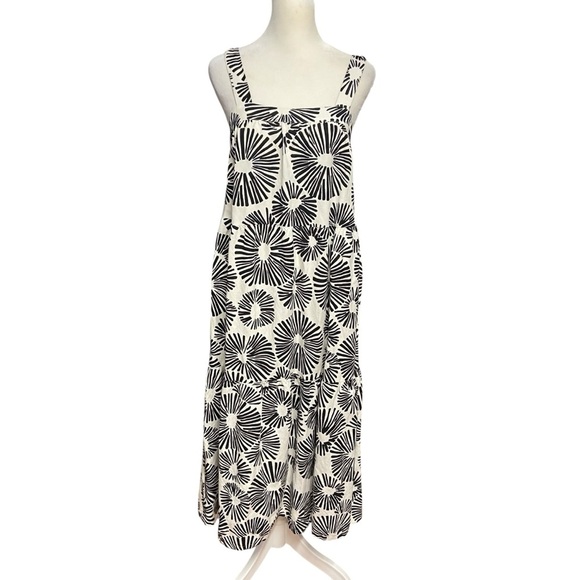 LOFT Firework Tiered Square Neck Midi Dress Size XS Black White Linen Sundress - Picture 5 of 12